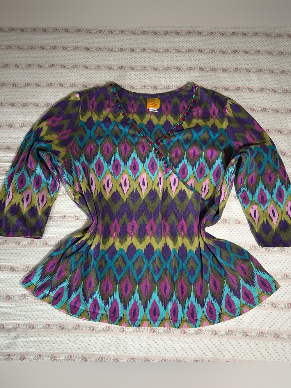 Ruby Rd. Multicolor Ikat-Print V-Neck Tunic in Teal, Purple, Olive & Pink